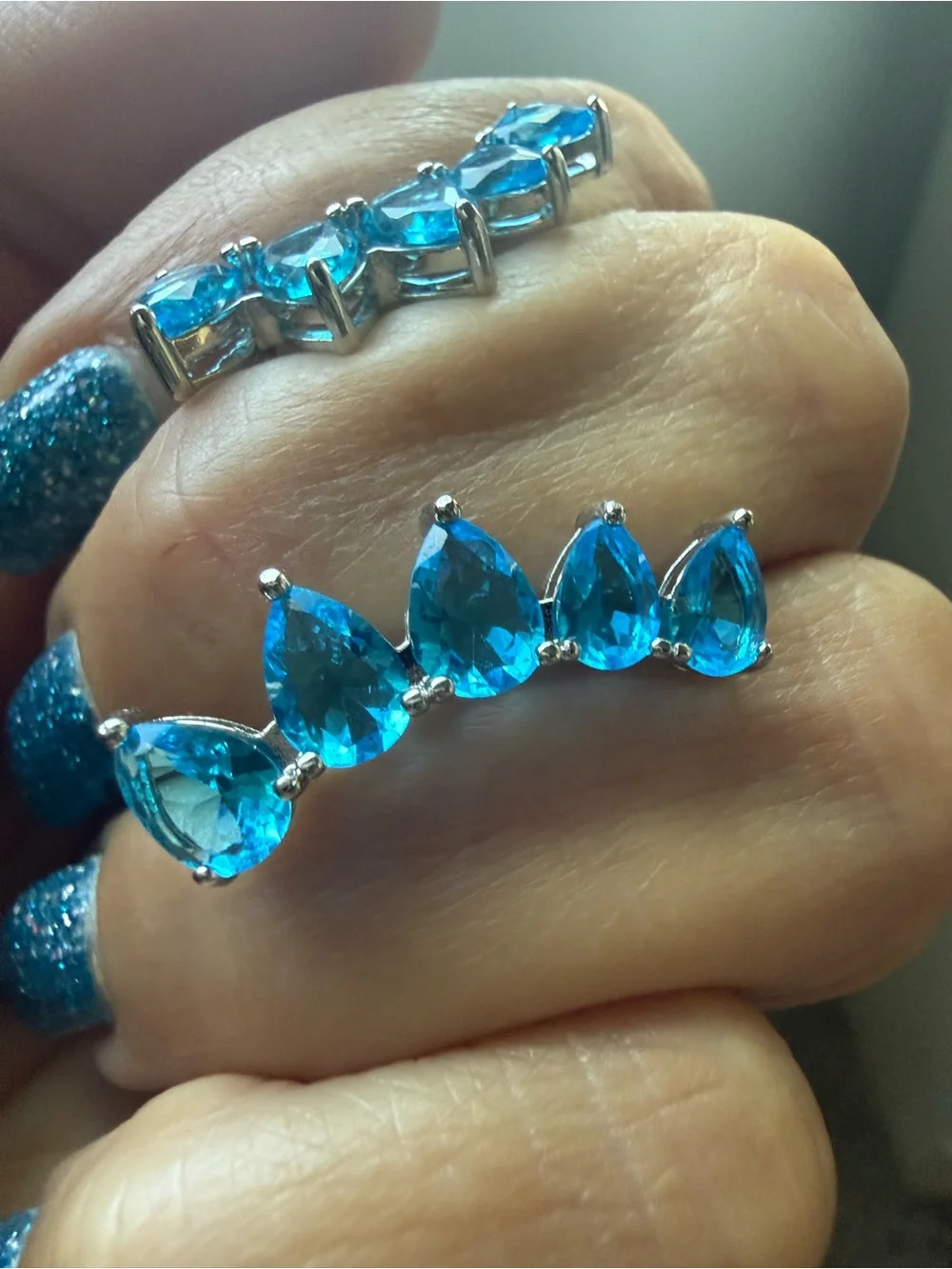 NEW!! 14k White Gold Plated Blue Teardrop Crystal Ear Climbers/Crawlers